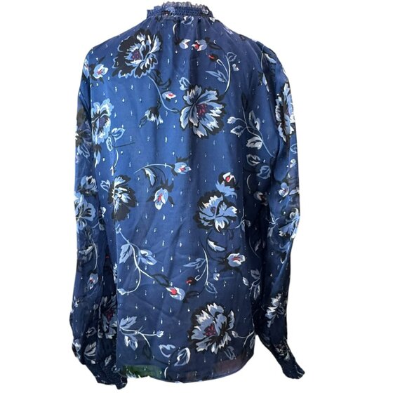 White House Black Market Blue Floral Blouse | Size 14 | Ruffle Neck | 26" Length - Picture 3 of 9